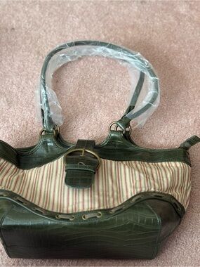 Longaberger Olive Green Croc-Texture Tote with Striped Canvas
